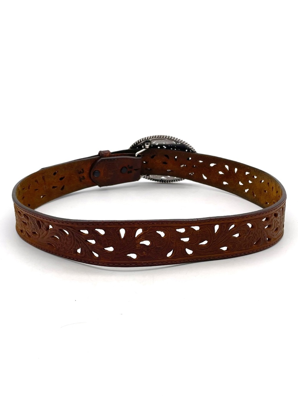 Tony Lama Leather Belt Size 32 Brown Tooled Cutout Western Floral Silver Buckle - Picture 5 of 12
